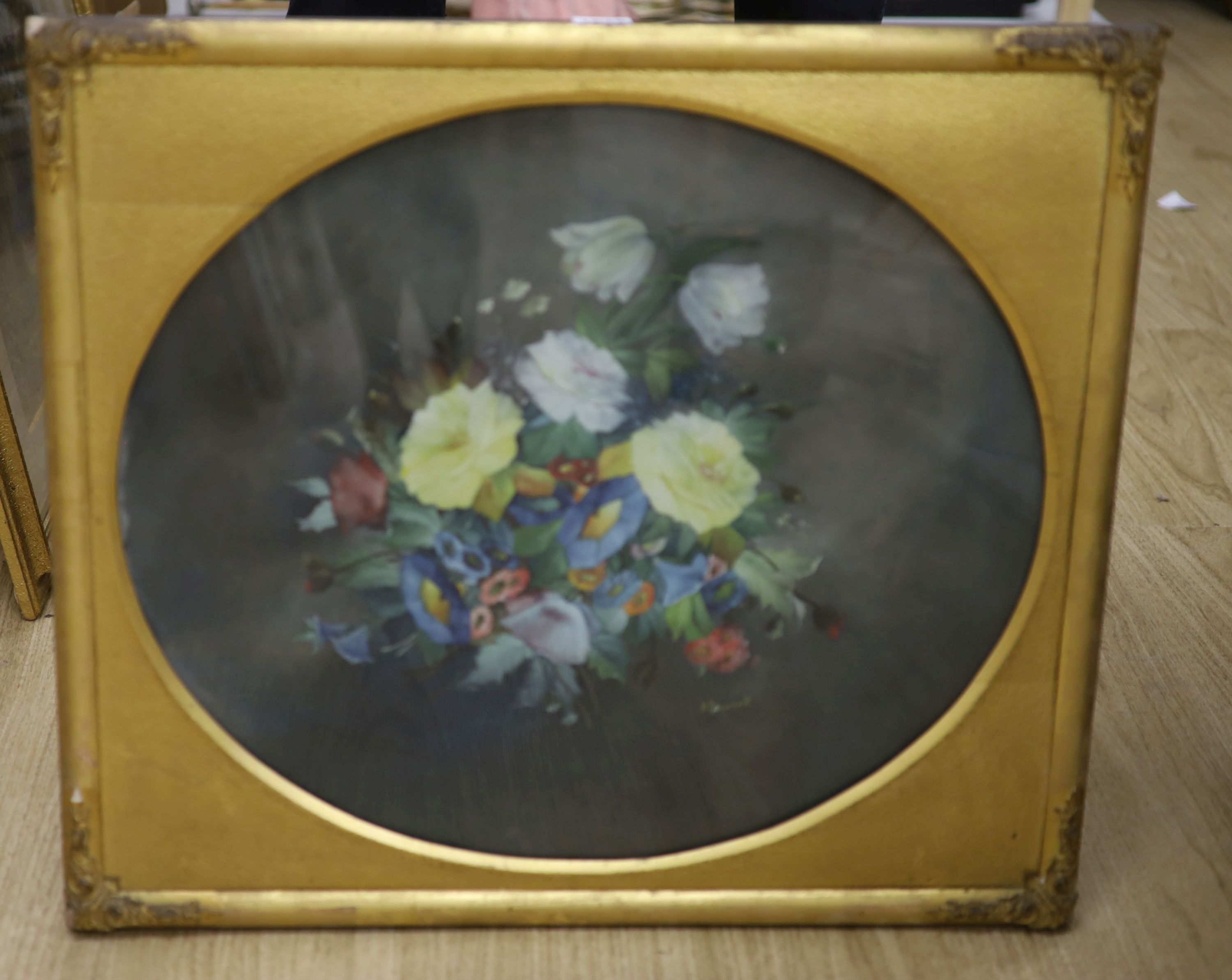 William Rayworth (19th/20th century), oil on opaque glass, 'Still life study of mixed flowers', signed, 46 x 53.5cm